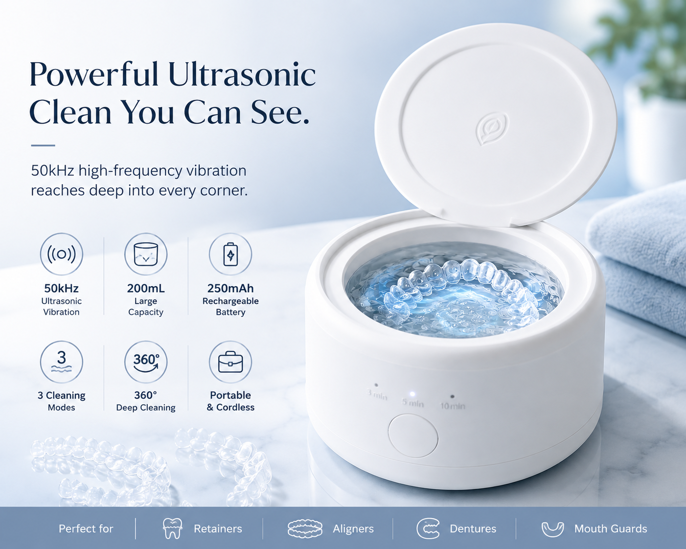 🇩🇪GERMAN 50kHz Ultrasonic Retainer & Aligner Cleaner